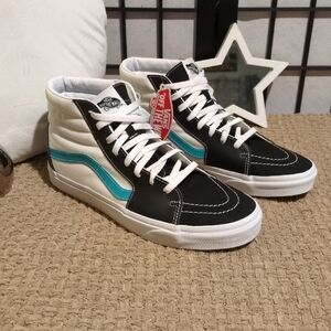 Vans Black and White High-Top Sneakers with Blue Stripe